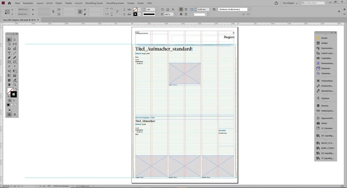 Man sieht eine InDesign-Seite, die sich in eine Zeitungsseite verwandelt.